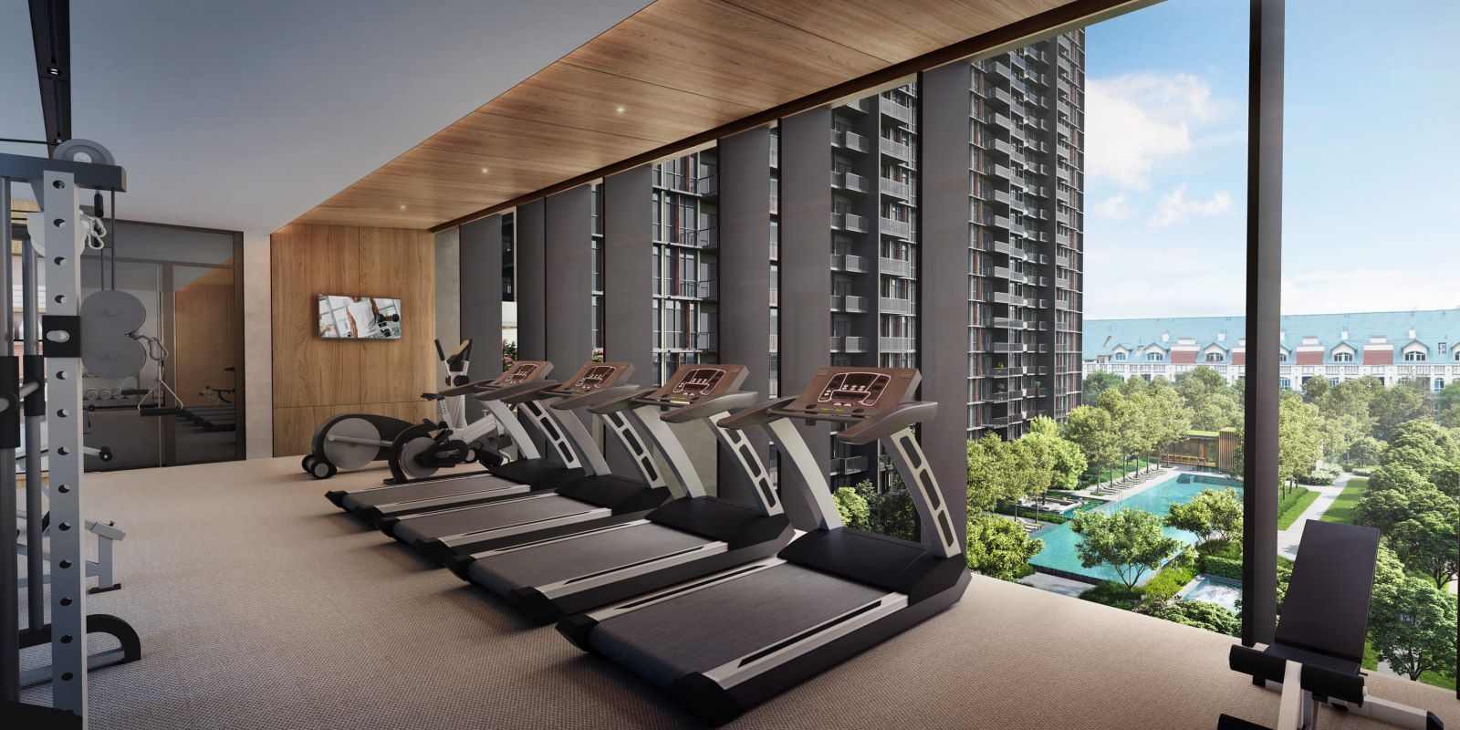 Gymnasium with a scenic pool view